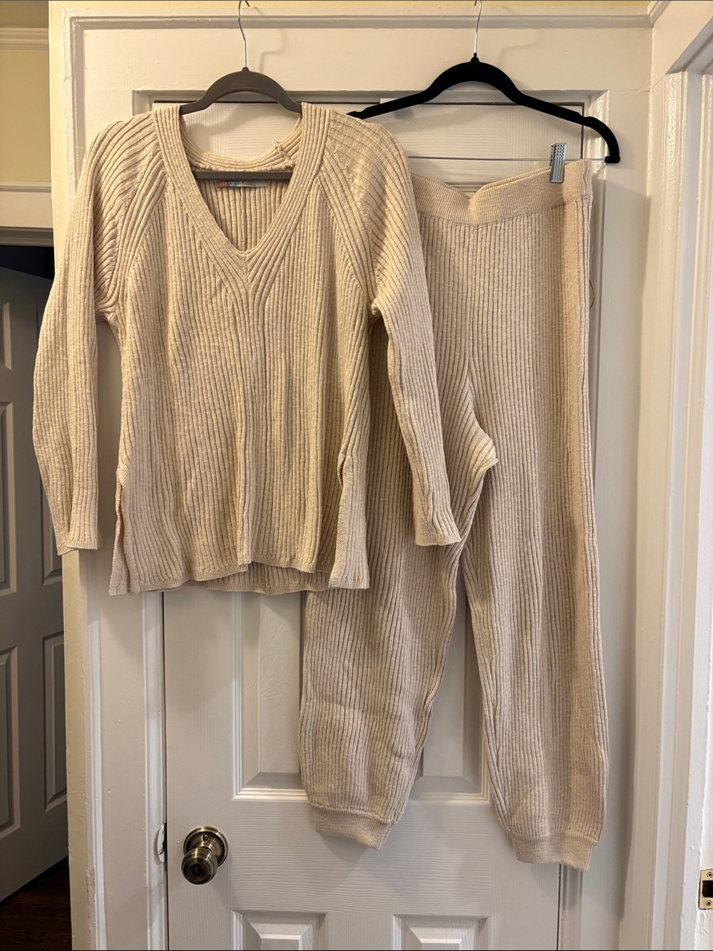 Free People Cream Ribbed Knit Sweater & Lounge Pants Set